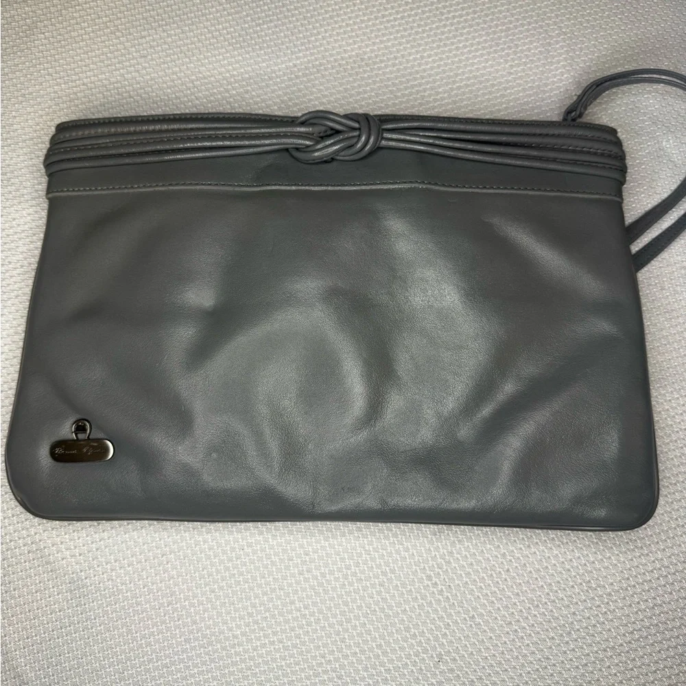 Vintage Etienne Aigner Gray Leather Wristlet Clutch Bag Mirror 1980s